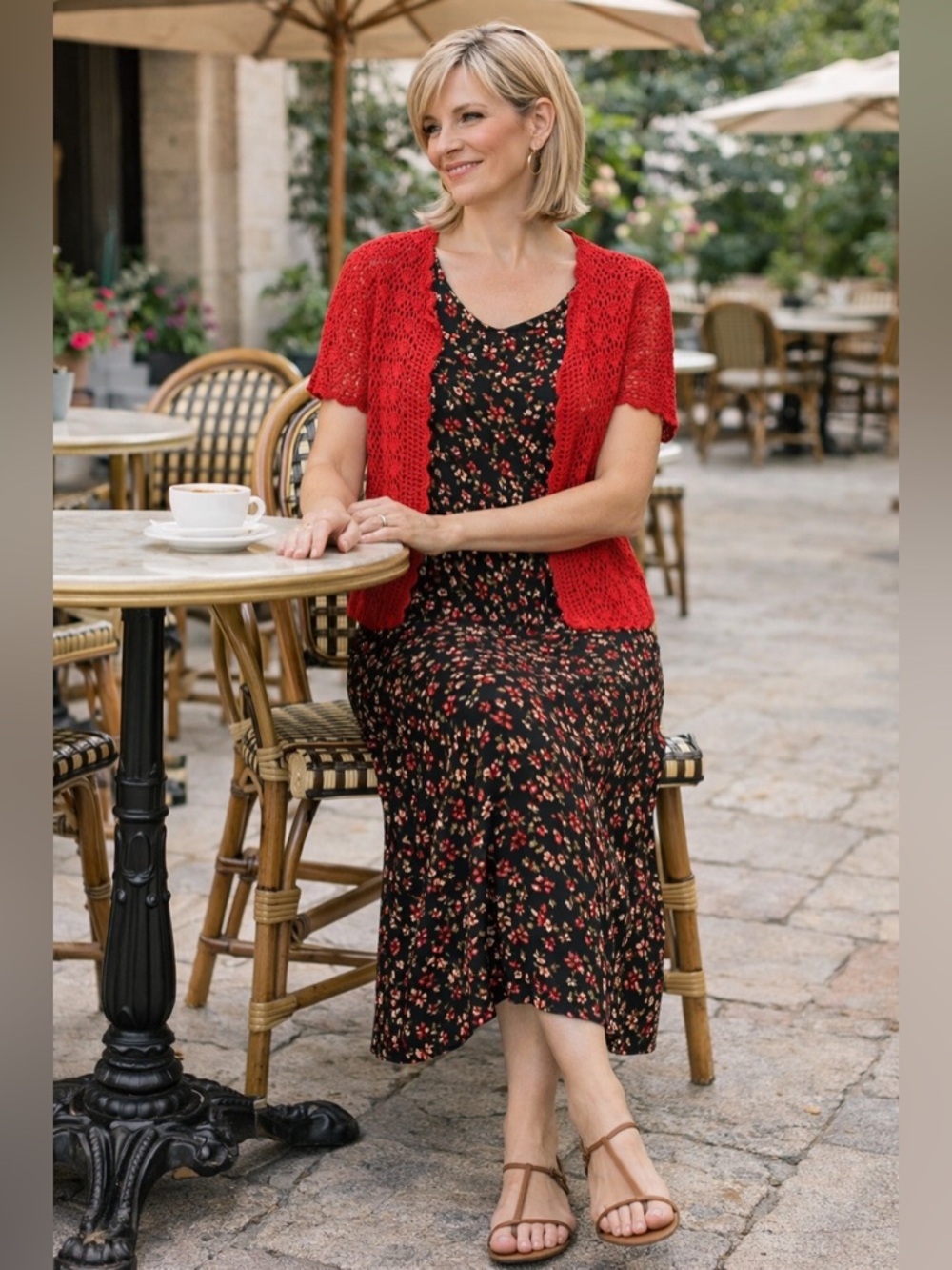 Dress Barn Dress with Red Crochet Short Sleeve Open Cardigan. Size 8